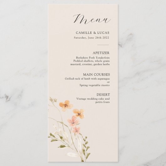 Wildblume Boho Wedding Menu Menükarte (Vorderseite)