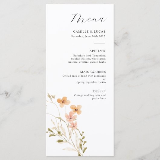 Wildblume Boho Wedding Menu Menükarte (Vorderseite)