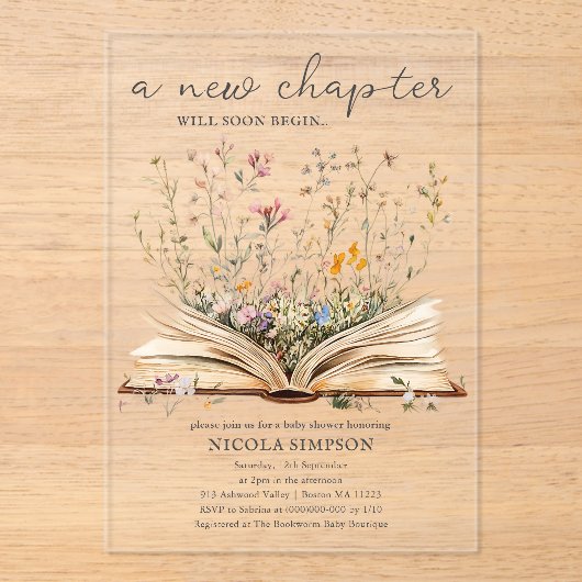 Wildblume | Book Theme Baby Shower Acryleinladungen (Vorderseite)