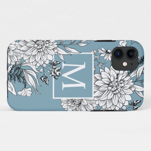 Wildblume Botanisches Monogramm Blau weiß Case-Mate iPhone Hülle (Rückseite (Horizontal))