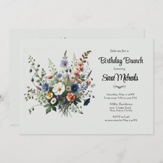 Wildblume Bouquet Birthday Brunch Einladung (Vorne/Hinten)