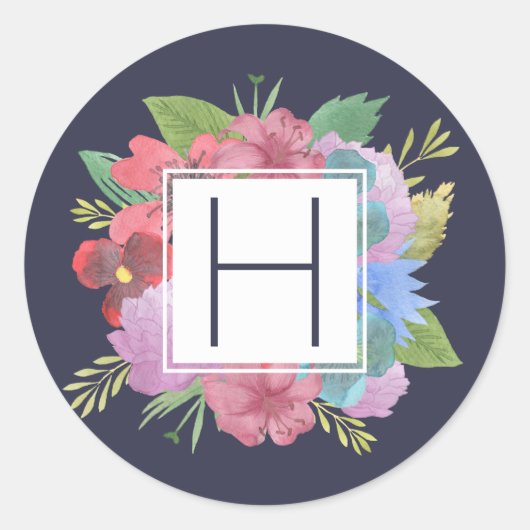 Wildblume Bouquet Navy Monogram Runder Aufkleber (Vorderseite)