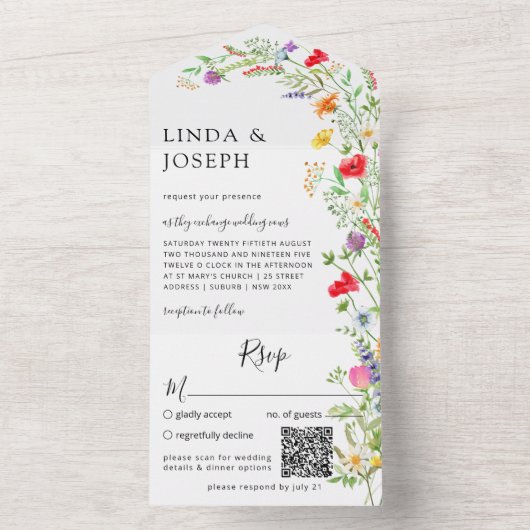 Wildblume Bouquet QR-Code All In One Einladung (Innen Boden)