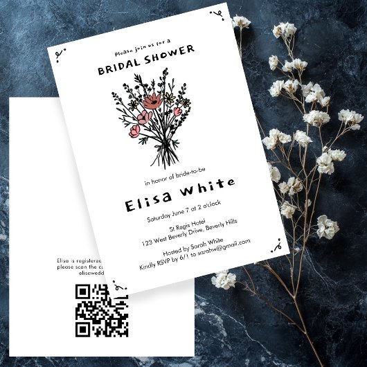 Wildblume Bouquet Rustic Whimsical QR Code Bridal Einladung