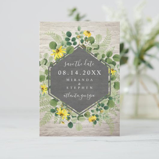 Wildblume Bouquet White Brick Save the Date (Stehend Vorderseite)