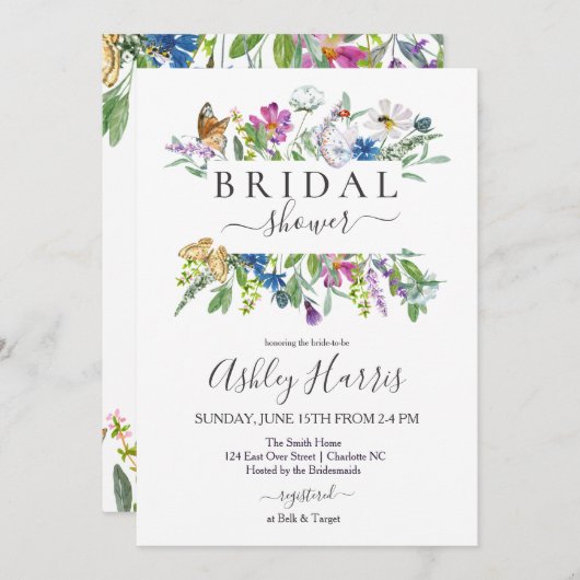 Wildblume Brautdusche Einladung, Schmetterling rei Einladung (Vorne/Hinten)