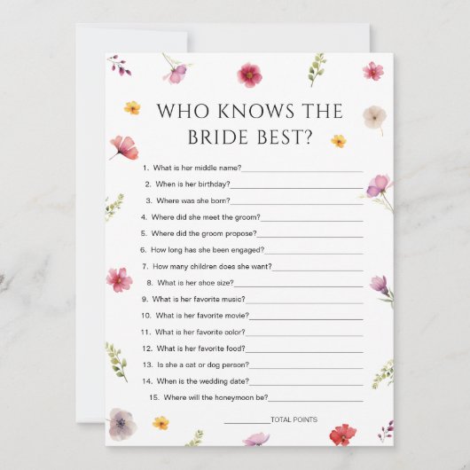 Wildblume Brautparty, das Bride Game Card kennt Einladung (Vorderseite)
