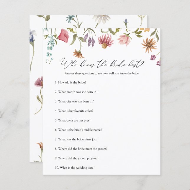 Wildblume Brautparty Game, der Braut kennt (Vorne/Hinten)