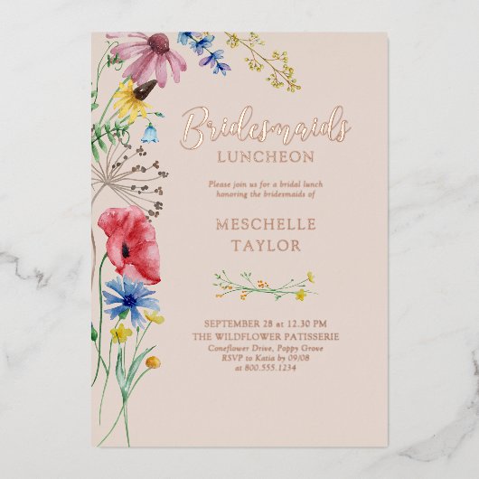 Wildblume Bridesmaids Luncheon Floral Rose Gold Folieneinladung (Vorderseite)