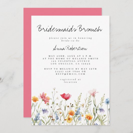 Wildblume Bridesmaier Brunch Einladung (Vorne/Hinten)