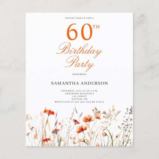 Wildblume Budget 60. Geburtstagspartei Einladung Flyer (Vorne)