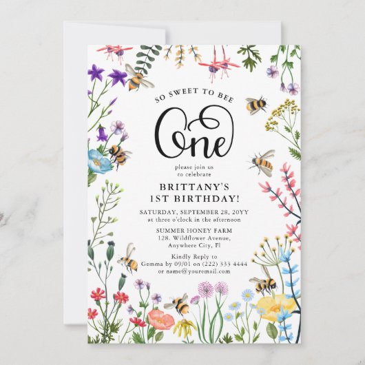 Wildblume & BumbleBee 1. Geburtstag Einladung (Vorderseite)