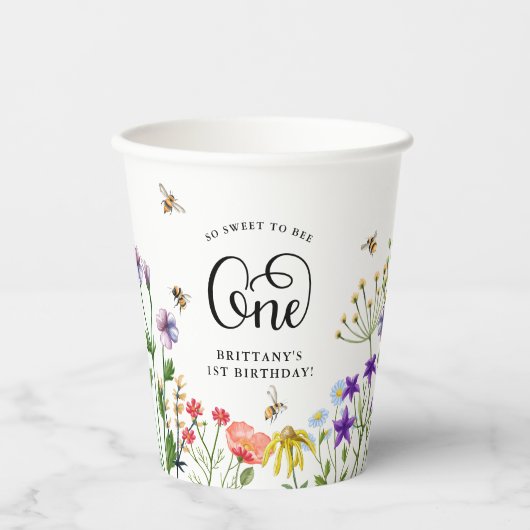 Wildblume & BumbleBee 1. Geburtstag Pappbecher (Vorderseite)