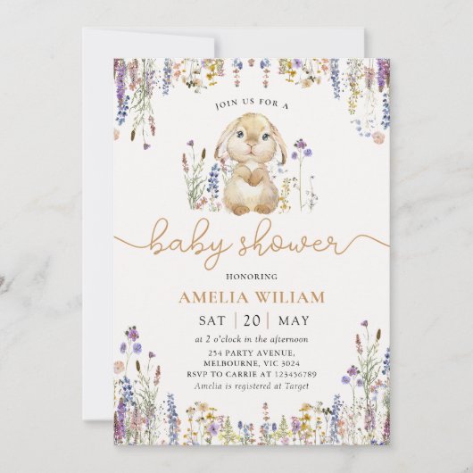 Wildblume Bunny Girl Baby Dusche Einladung (Vorderseite)