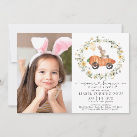 Wildblume Bunny Rabbit Ostergeburt Foto Einladung (Vorderseite)