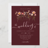 Wildblume Burgunder-Rosa Hochzeit QR-Code Einladung (Vorderseite)