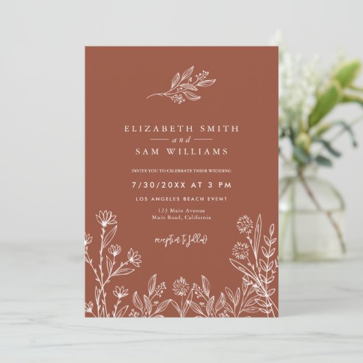 Wildblume Burnt Orange Boho Terracotta Wedding Einladung (Stehend Vorderseite)