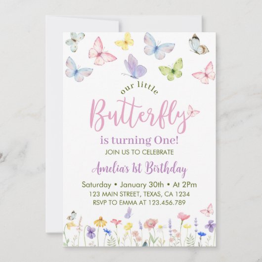 Wildblume Butterfly Einladung zum ersten Geburtsta (Vorderseite)