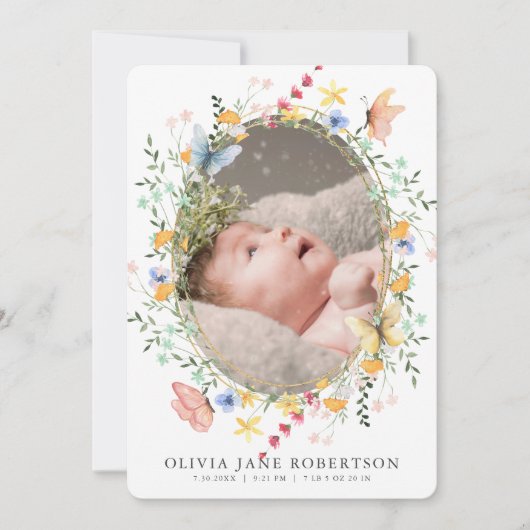 Wildblume Butterfly Girl Foto Geburtsankündigung Einladung (Vorderseite)