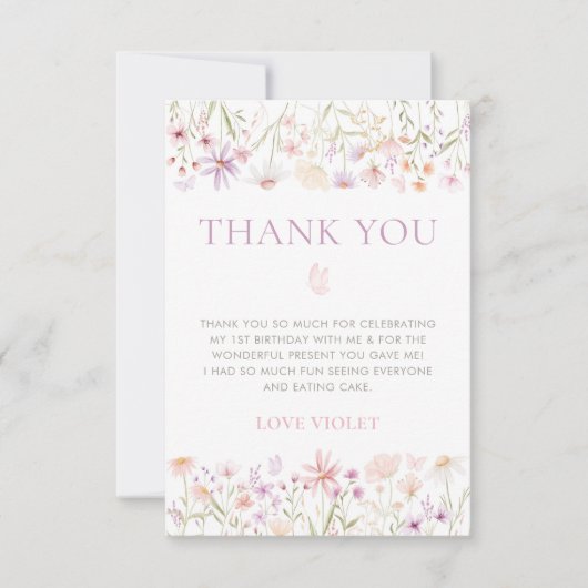 Wildblume Butterfly Girls 1. Geburtstag Dankeskarte (Vorderseite)