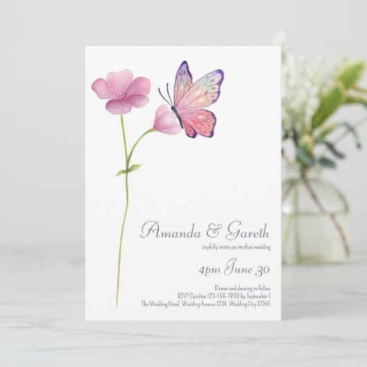 Wildblume-Butterfly-Hochzeit mit Aquarellfarbe Einladung (Stehend Vorderseite)