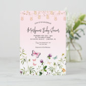 Wildblume Butterfly Pink Script Baby Dusche Einladung (Stehend Vorderseite)