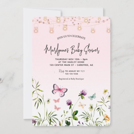 Wildblume Butterfly Pink Script Baby Dusche Einladung (Vorderseite)