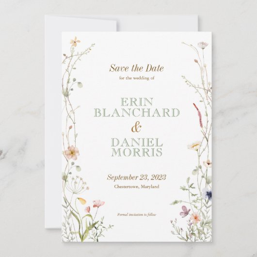 Wildblume der Wasserfarbe speichern Sie das Datum Einladung (Vorderseite)