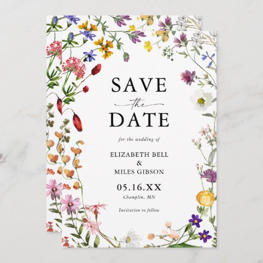 Wildblume der Wasserfarbe speichern Sie das Datum Einladung (Vorne/Hinten)