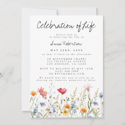 Wildblume der Wasserfarben - Beerdigung des Lebens Einladung (Vorderseite)