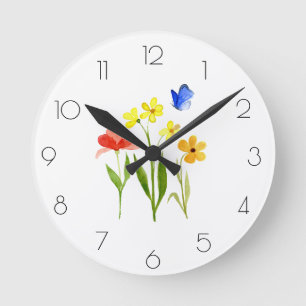 Wildblume der Wasserfarbenfeder Runde Wanduhr