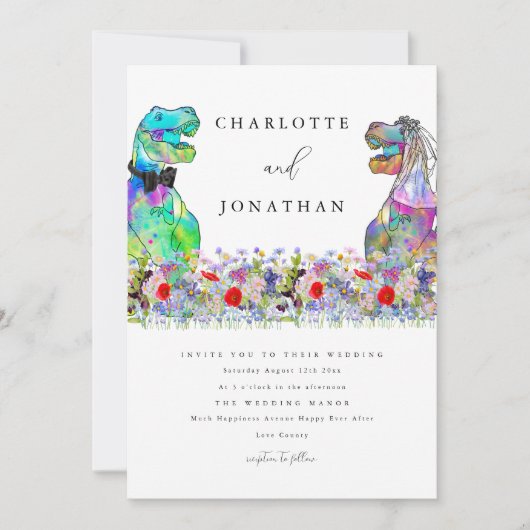 Wildblume Dinosaur Theme Wedding Einladung (Vorderseite)