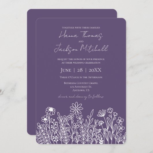 Wildblume Doodle Lässig Lila Minimalistische Hochz Einladung (Vorne/Hinten)