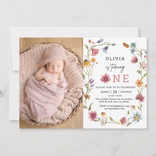 Wildblume dreht ein 1. Geburtstag Foto Einladung (Vorderseite)