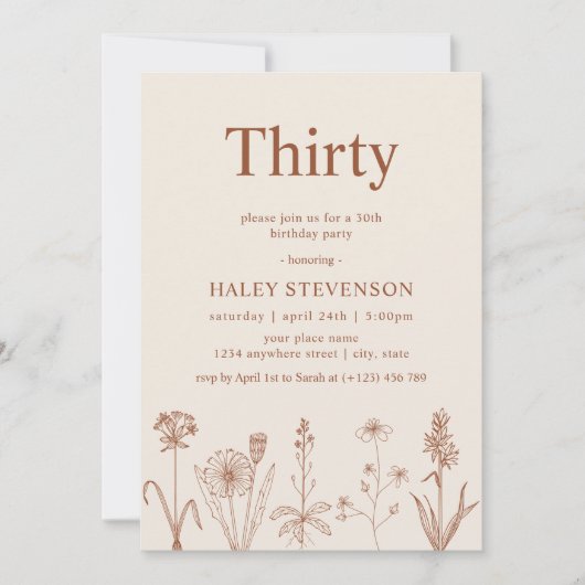 Wildblume Dreißig Beige Terracotta 30. Geburtstag Einladung (Vorderseite)