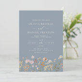 Wildblume Dusty Blue All in One QR Code Wedding Einladung (Stehend Vorderseite)