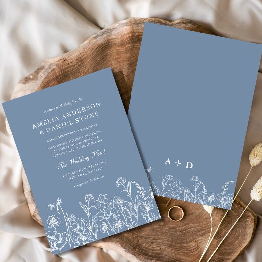 Wildblume Dusty Blue Botanical Monogram Wedding Einladung