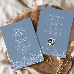 Wildblume Dusty Blue Botanical QR Code Hochzeit Einladung