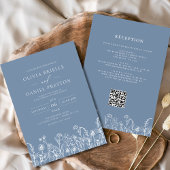 Wildblume Dusty Blue Botanical QR Code Hochzeit Einladung