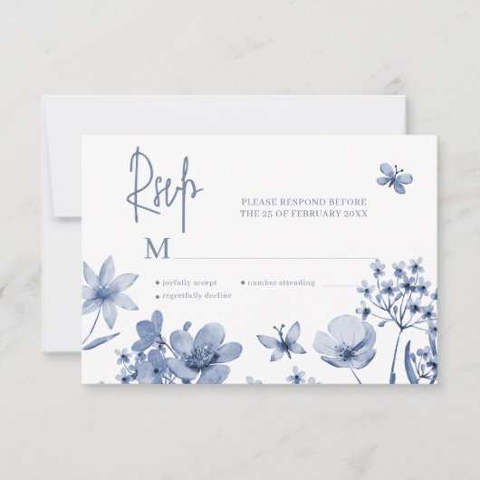 Wildblume dusty Blue Hochzeitskarte RSVP (Vorderseite)