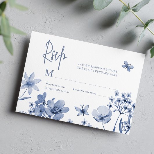 Wildblume dusty Blue Hochzeitskarte RSVP Karte