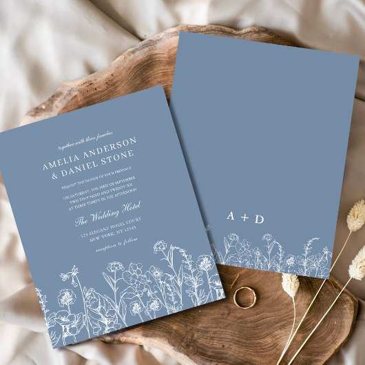 Wildblume Dusty Blue Monogram Wedding Einladung Flyer