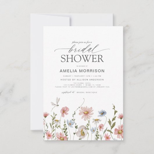 Wildblume Dusty Blue Pink Garden Brautparty Einladung (Vorderseite)