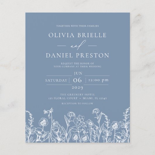 Wildblume Dusty Blue QR Code Hochzeit Einladung Flyer (Vorne)