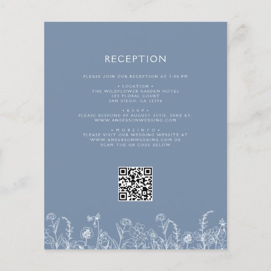 Wildblume Dusty Blue QR Code Hochzeit Einladung Flyer (Hinten)