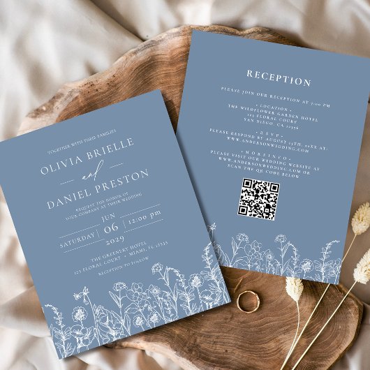 Wildblume Dusty Blue QR Code Hochzeit Einladung Flyer