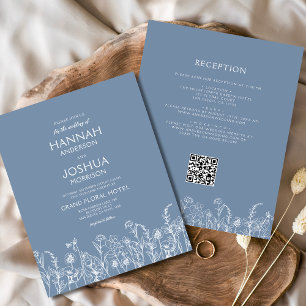 Wildblume Dusty Blue QR Code Hochzeit Einladung Flyer