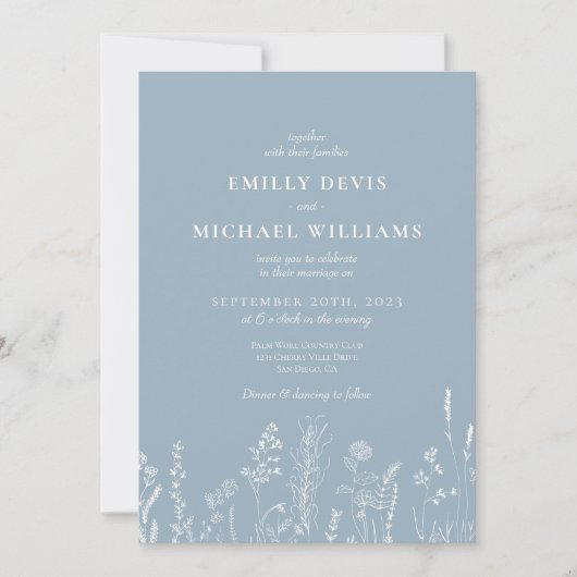 Wildblume Dusty Blue Wedding Einladung (Vorderseite)