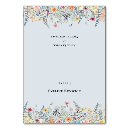 Wildblume Dusty Blue Wedding Foldable Platzkarte Tischnummer (Vorderseite)