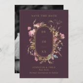 Wildblume Eggplant & Gold Rahmen Hochzeitszettel F Save The Date (Vorne/Hinten)